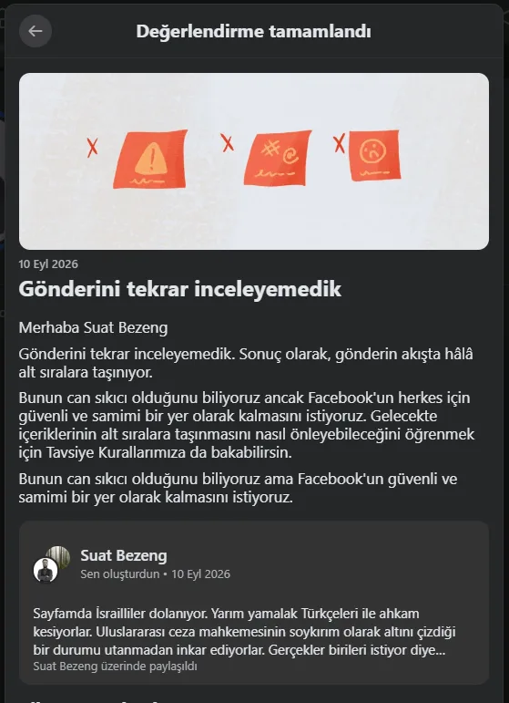 Suat Bezeng'den Facebook'un İsrail eleştirisine kısıtlama kararına tepki